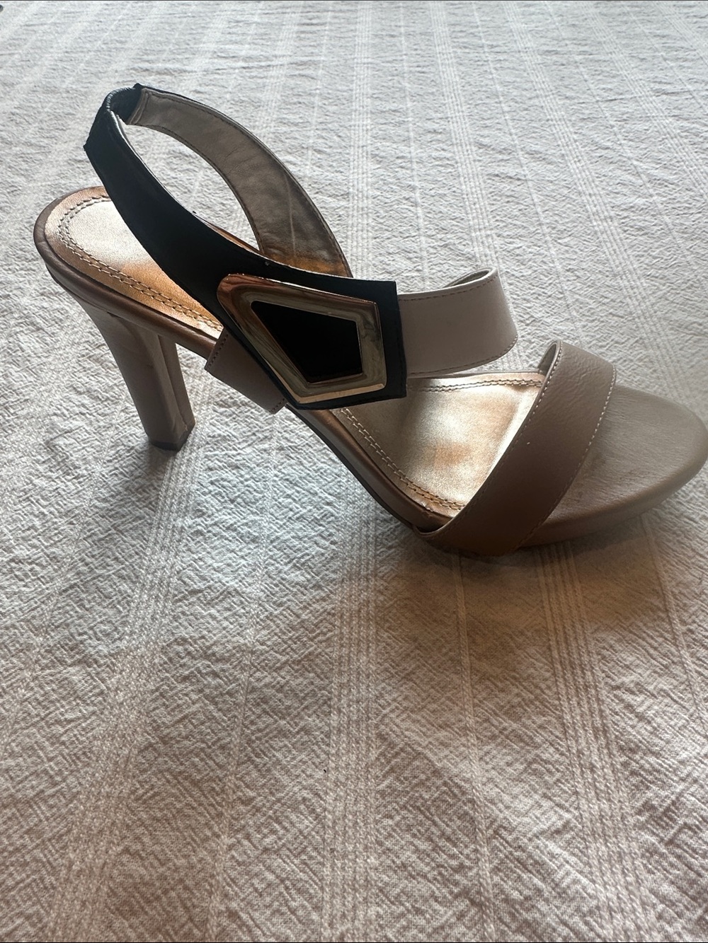 Taupe Slingback High Heel Sandal with Gold Accent